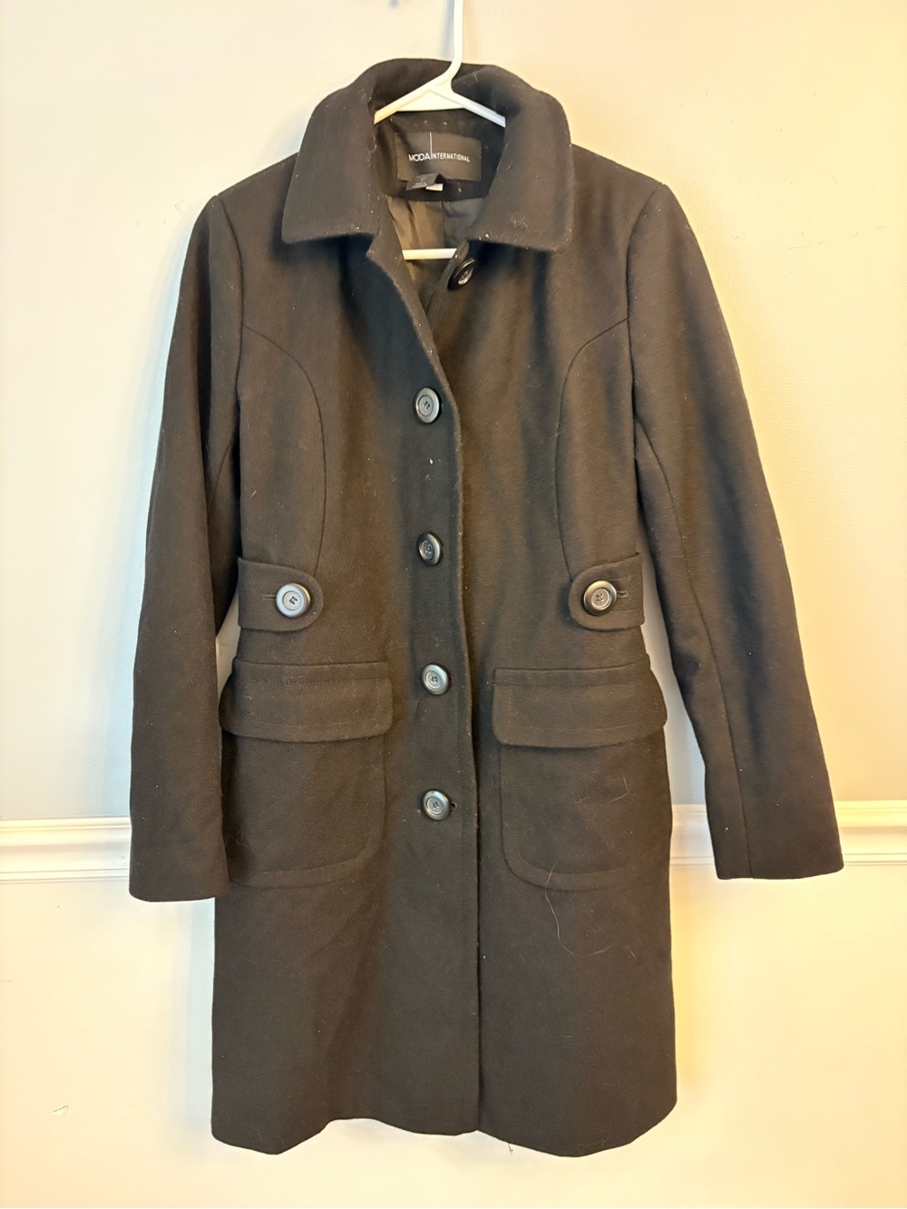Moda International Women's Black Long Dingle Breasted Wool Blend Pea Coat